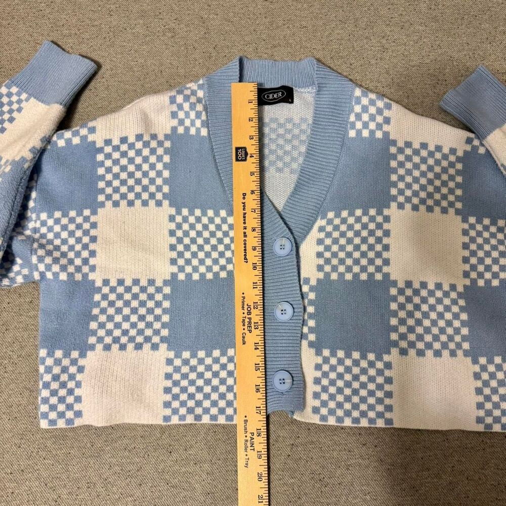 Womens Blue White Checkered Crop Cardigan Preppy Oversize Sweater Pastel Blue L - Picture 4 of 5